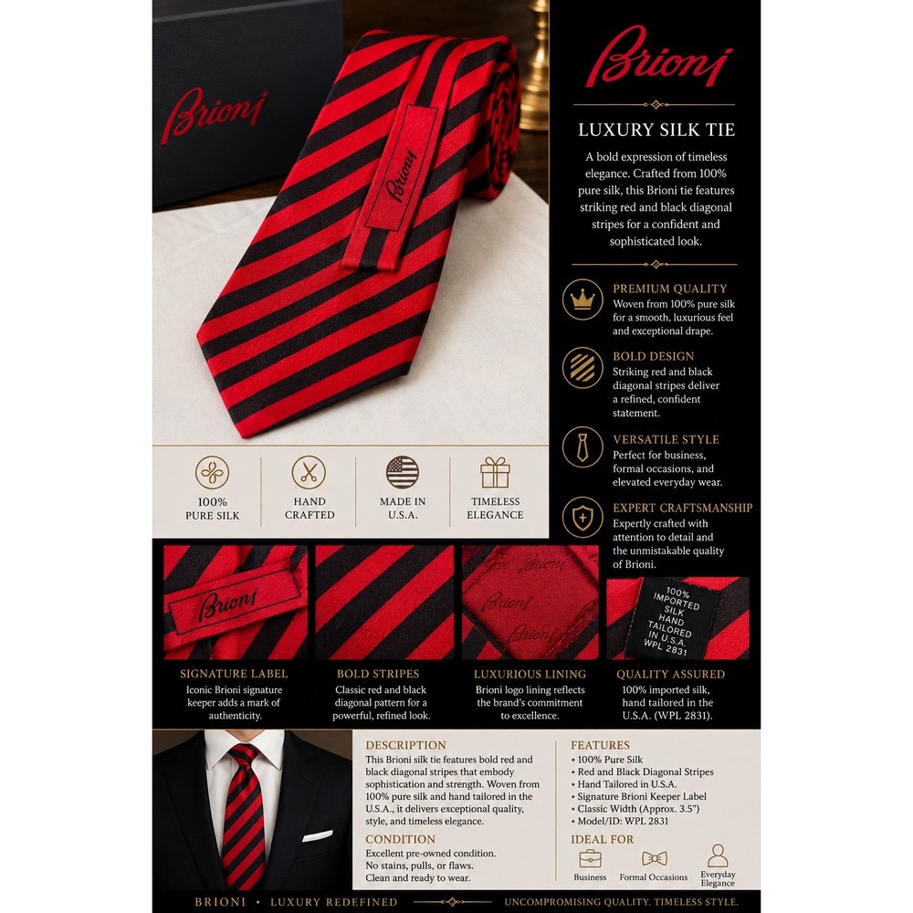 Brioni Men Red Black Diagonal Stripe Silk Tie Hand Made Italy Luxury Necktie